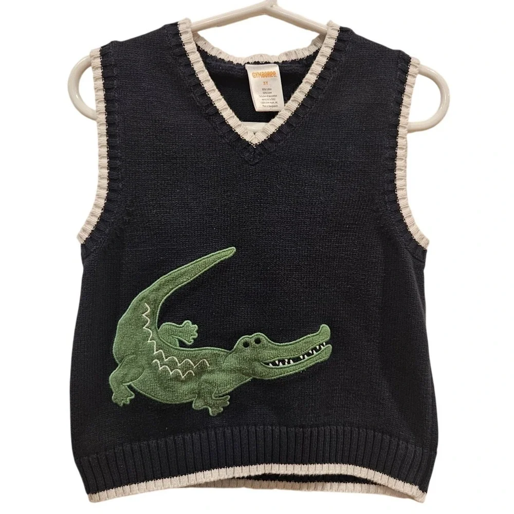 Gymboree Boys 3T Navy Blue Alligator Knit Sweater Vest V-Neck Cotton Preppy 2010